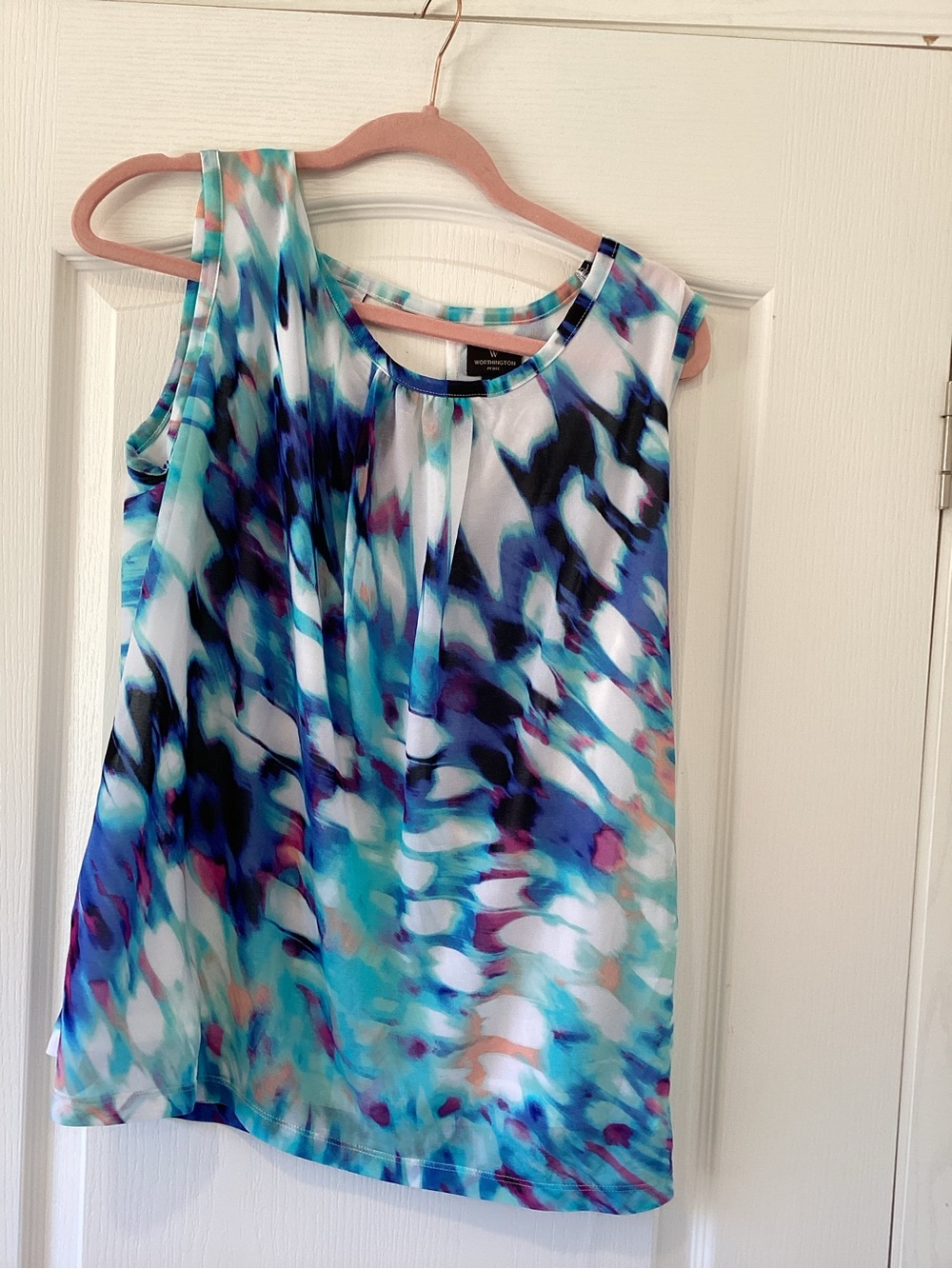 Worthington Sleeveless Abstract Aqua & Blue Printed Blouse PXL EUC